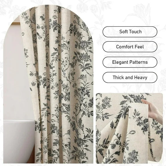 Psoiuetr Black Floral Linen Shower Curtain, Beige Cottagecore Shower Curtains for Bathroom 72" W x 72" L