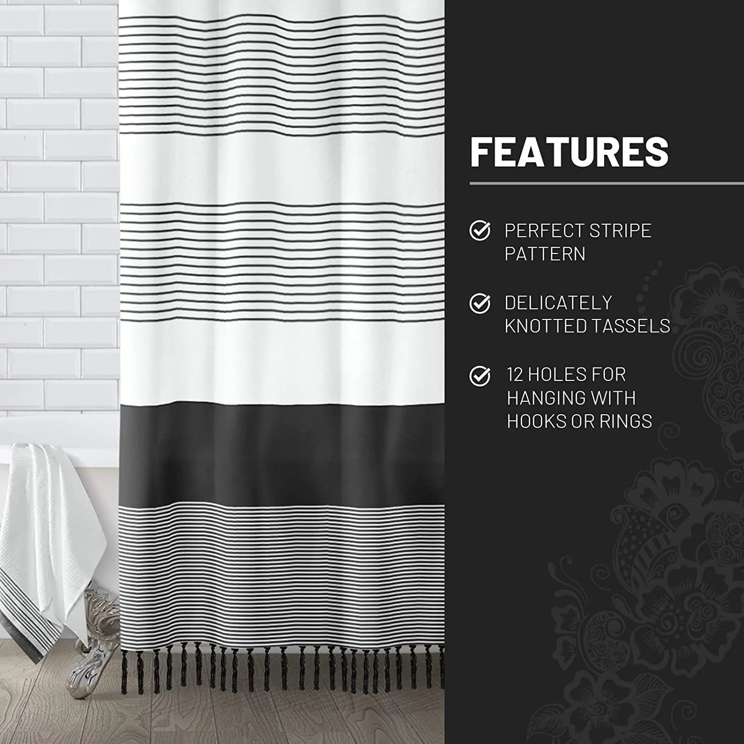 Psoiuetr Black and White Shower Curtain for Bathroom Extra Long Black Tassel Stripe Shower Curtain 72 X 78 Inches Farmhouse Cotton