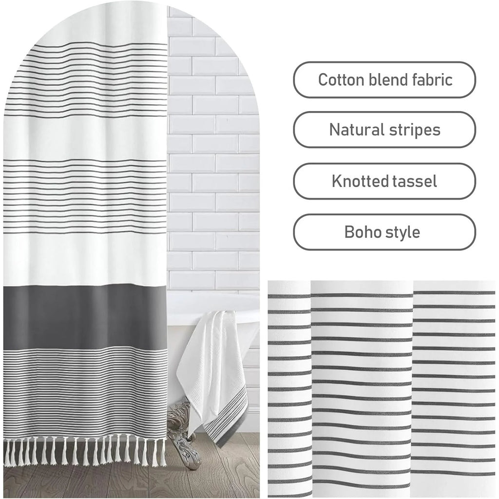 Psoiuetr Boho Dark Gray Shower Curtain for Bathroom Stripe Tassel Fabric Shower Curtain 72 X 72 Inches Farmhouse Linen