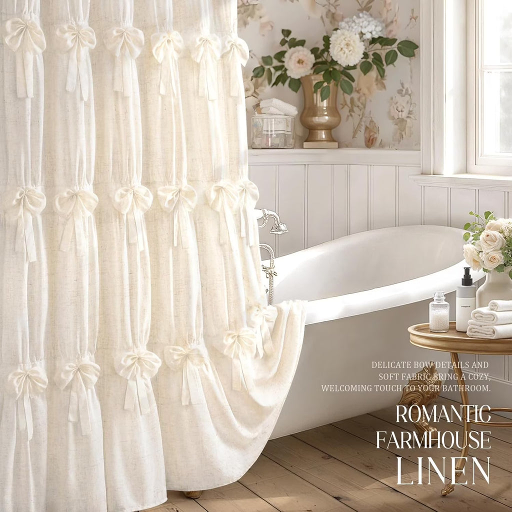 Psoiuetr Linen Ruffle Shower Curtain with Handmade Bows Vintage Farmhouse Shower Curtain for Bathroom,Cream,72" W x 72" L