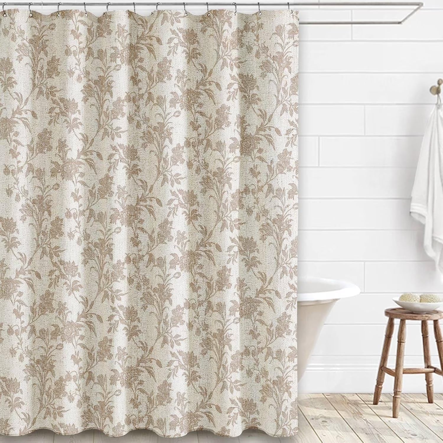 Beige Shower Curtain Floral Cotton Linen Cottagecore Shower Curtain for Bathroom 72" W x 72" L Boho Farmhouse