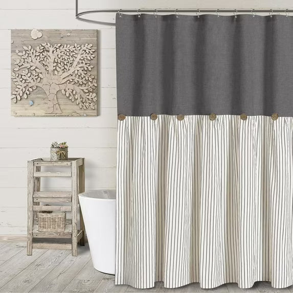 Psoiuetr Farmhouse Gray Shower Curtain Button Linen Textured Woven Fabric,Pleated Gray Stripe,Country Style,72x72 Inch