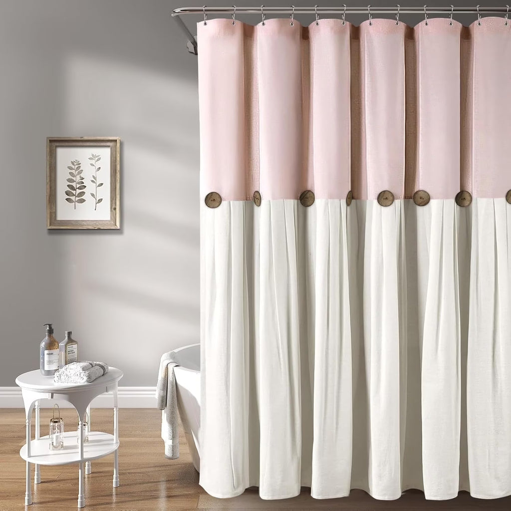 Farmhouse Pink Shower Curtain Button Linen Textured Woven Fabric,Country Style,Blush 72x72 Inch