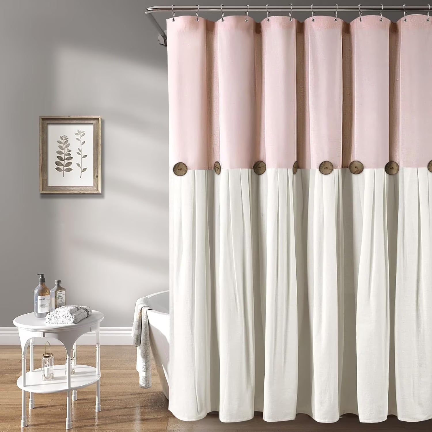 Farmhouse Pink Shower Curtain Button Linen Textured Woven Fabric,Country Style,Blush 72x72 Inch