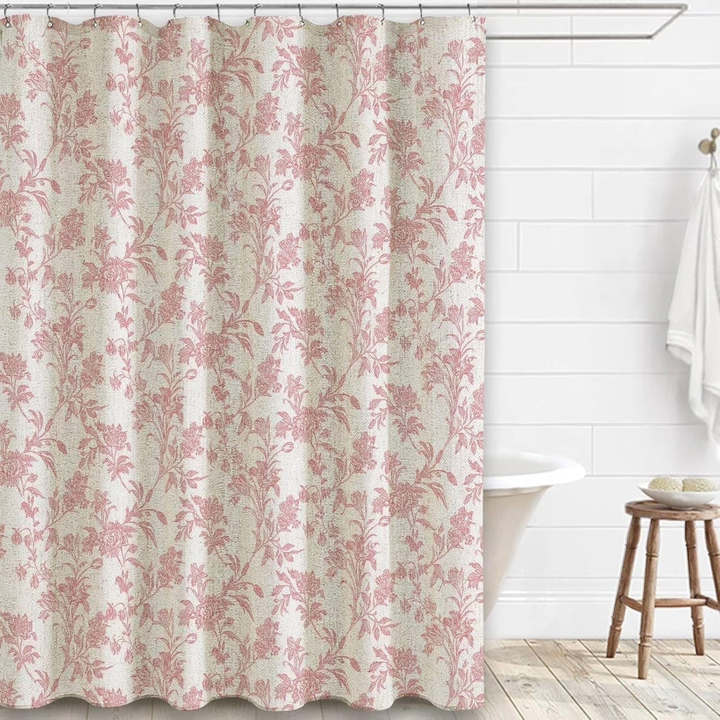 Psoiuetr Linen Shower Curtain Pink Cotton Floral Cottagecore Spring Shower Curtain for Bathroom 72" W x 72" L
