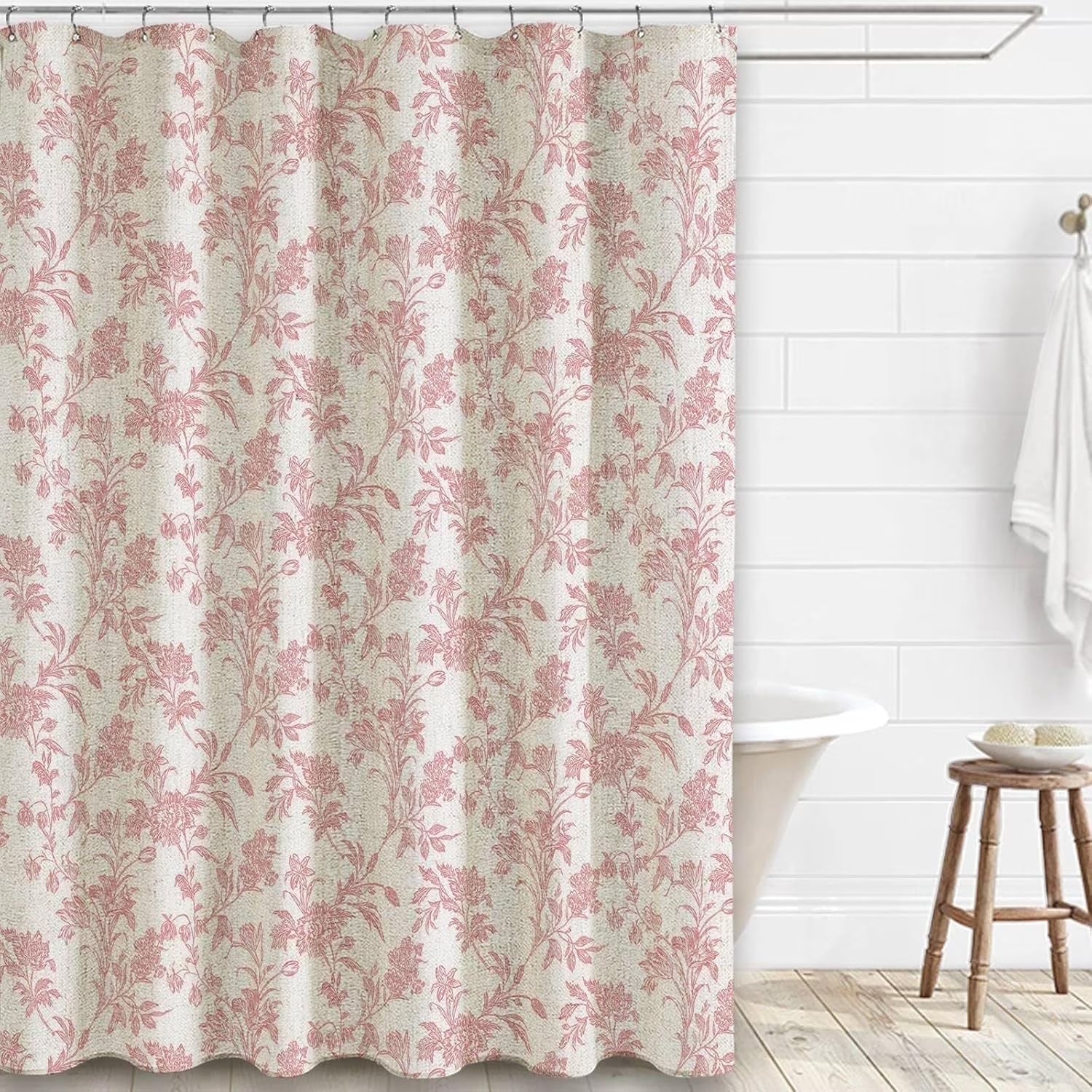 Psoiuetr Linen Shower Curtain Pink Cotton Floral Cottagecore Spring Shower Curtain for Bathroom 72" W x 72" L
