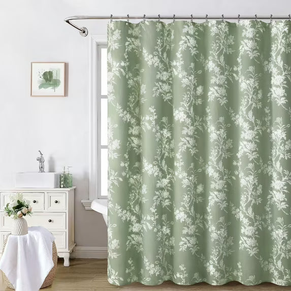 Green Shower Curtain,White Cotton Floral Cottagecore Spring Shower Curtain for Bathroom 72" W x 72" L