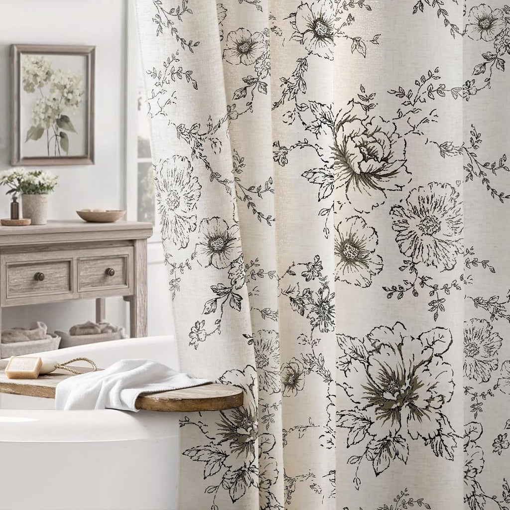 Farmhouse Floral Linen Shower Curtain, Vintage Black and White Pattern Rustic Shower Curtains for Bathroom,72x72