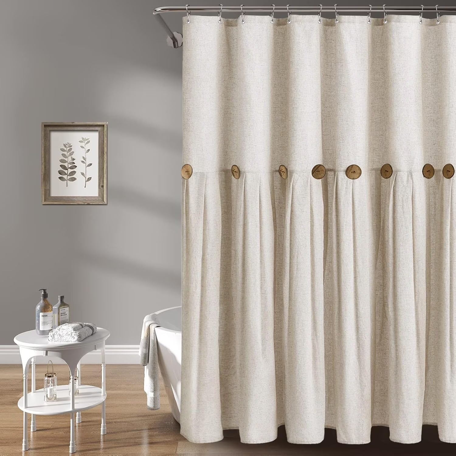 Farmhouse Cream Shower Curtain Button Linen Textured Woven Fabric,Country Style 72" W x 72" L