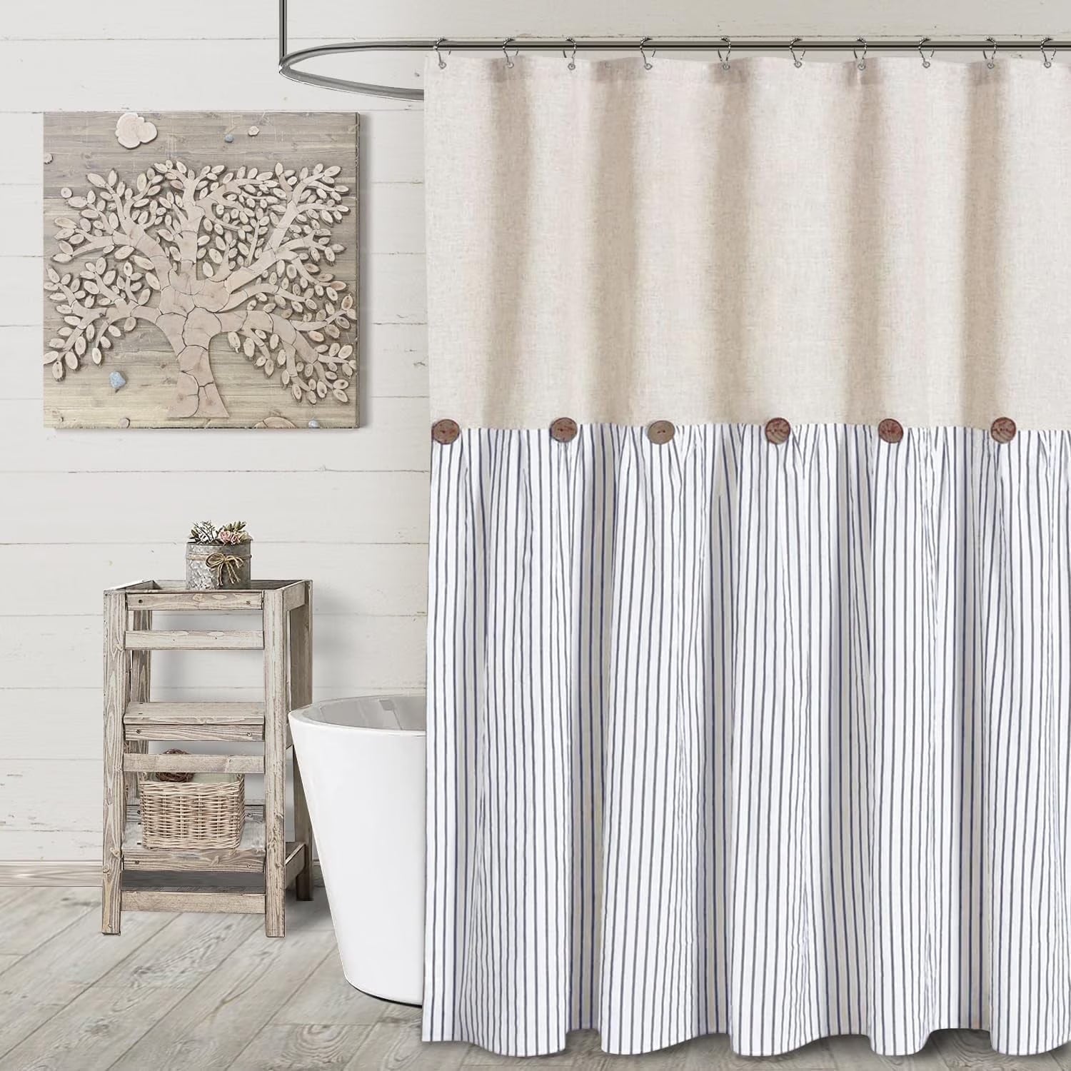 Psoiuetr Linen Shower Curtains for Bathroom Farmhouse Shower Curtain Rustic Country Button Fabric Pleated Blue Stripe 72" x 72"