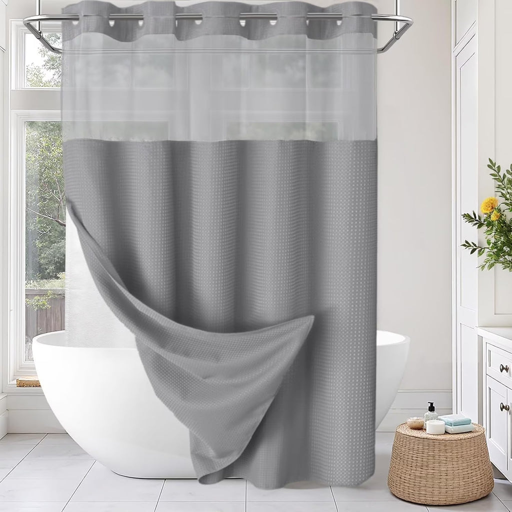 Psoiuetr Gray Waffle Shower Curtain No Hook with Snap-in Fabric Liner Hotel Shower Curtain with See Through Top Window 72" W x 75" L