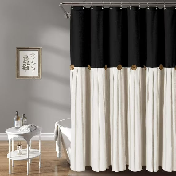 Psoiuetr Linen Button Farmhouse Beige Shower Curtain Linen and Cotton Woven Fabric Country Style (Black & Cream, 72" L x 72" W)