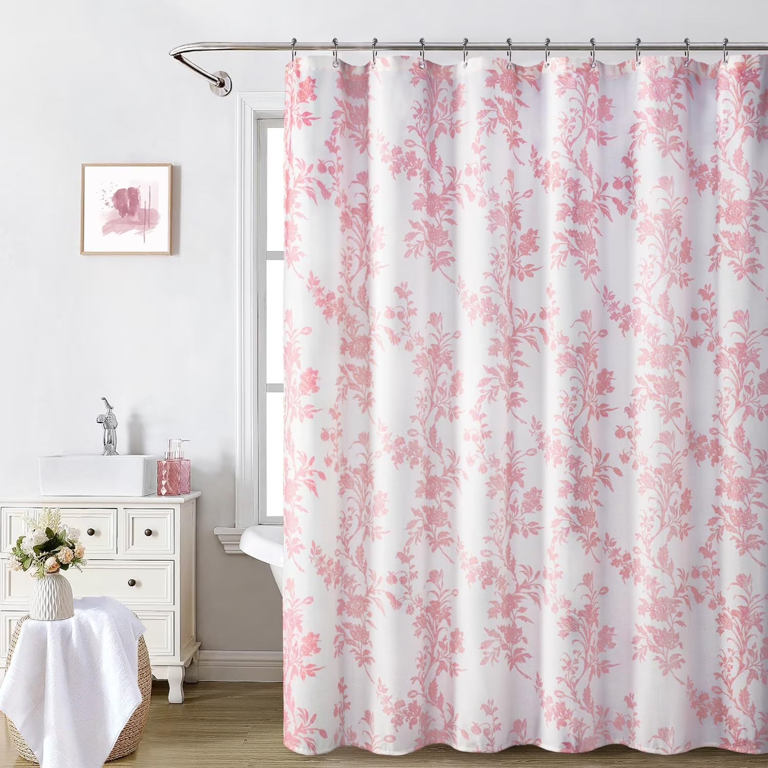 Psoiuetr Pink Shower Curtain Cotton Floral Cottagecore Spring Shower Curtain for Bathroom 72" W x 72" L