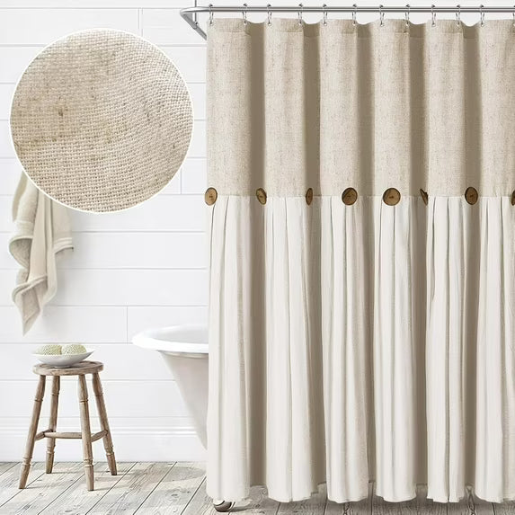 Psoiuetr Linen Button Farmhouse Shower Curtain Linen and Cotton Woven Fabric Country Rustic Style 72" x 72"