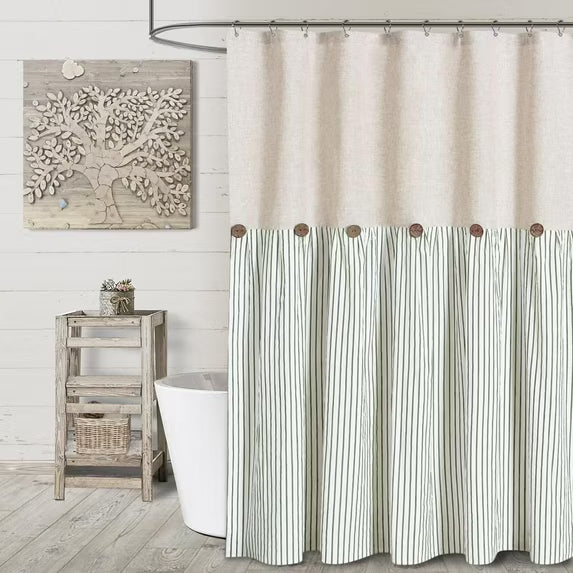 Psoiuetr Linen Shower Curtains for Bathroom Farmhouse Shower Curtain Rustic Country Button Fabric Pleated Green Stripe 72" x 72"