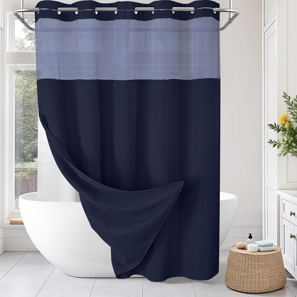 Psoiuetr Navy Blue Waffle Shower Curtain No Hook with Snap-in Fabric Liner Hotel Shower Curtain with See Through Top Window 72" W x 75" L