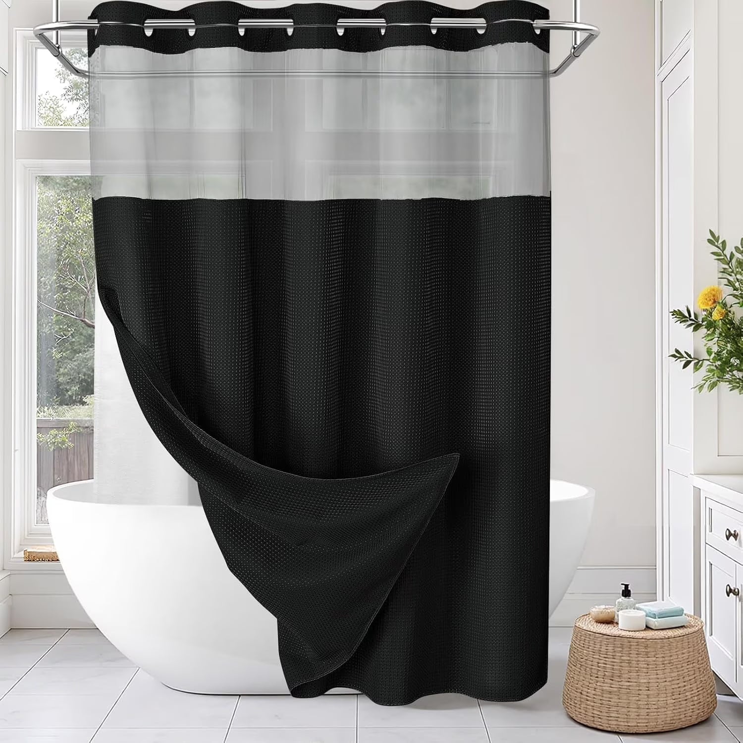 Psoiuetr Black Waffle Shower Curtain No Hook with Snap-in Fabric Liner Hotel Shower Curtain with See Through Top Window 72" W x 75" L