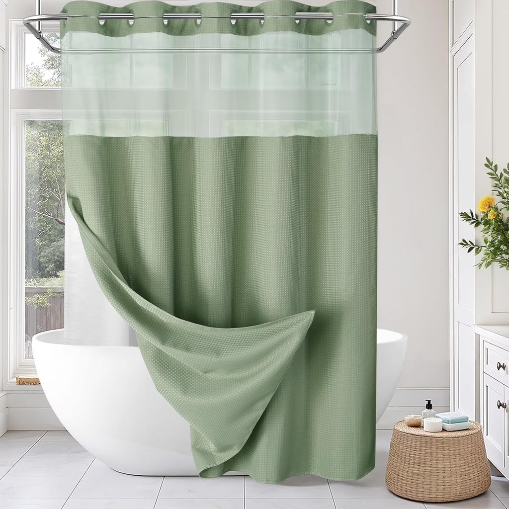 Psoiuetr Green Waffle Shower Curtain No Hook with Snap-in Fabric Liner Hotel Shower Curtain with See Through Top Window 72" W x 75" L