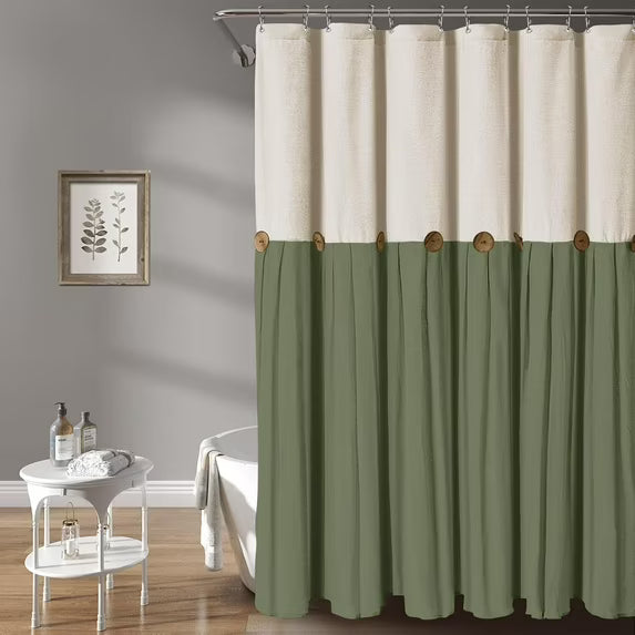 Psoiuetr Farmhouse Shower Curtain for Bathroom Linen and Cotton Woven Fabric Country Rustic Style Shower Curtain Set (Cream & Green, 72" L x 72" W)