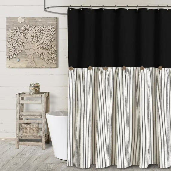 Psoiuetr Farmhouse Black Shower Curtain Button Linen Textured Woven Fabric,Pleated Black Stripe,Country Style,72x72 Inch