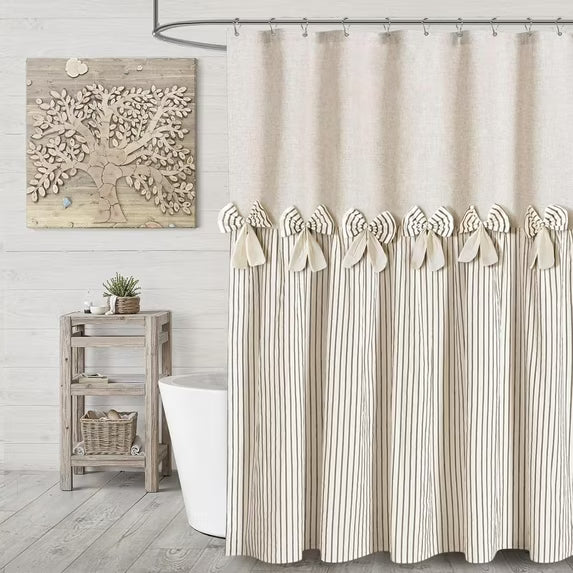 Psoiuetr Farmhouse Shower Curtain Bow Linen Textured Shower Curtains for Bathroom Western Rustic French Country Cottage Fabric, Pleated Brown Stripe, 72" W X 72" L Inch