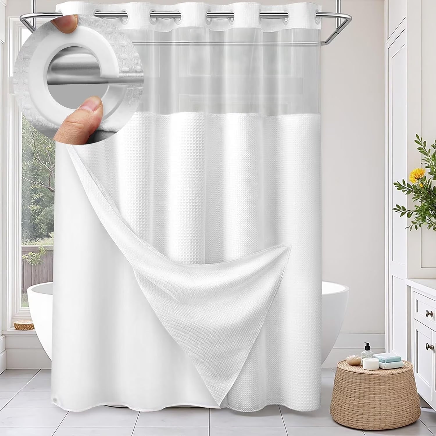 Psoiuetr White Waffle Shower Curtain No Hook with Snap-in Fabric Liner Hotel Shower Curtain with See Through Top Window 72" W x 75" L